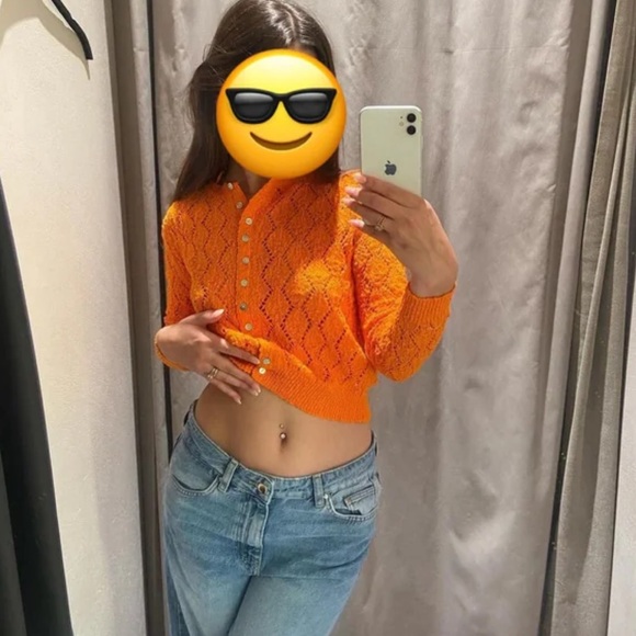 Zara orange knit cropped long sleeve button down sweater cardigan - Picture 1 of 10